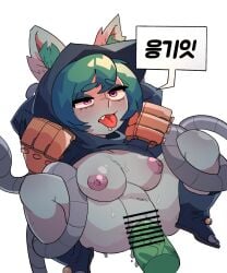 ahe_gao alternate_version_available animal_ears anus bar_censor blitzcrank blush bulge drooling green_hair green_penis heart-shaped_pupils imminent_sex inwoo22 korean_text league_of_legends partially_clothed penis puffy_nipples purple_eyes restrained riot_games sharp_tooth source_deleted speech_bubble stomach_bulge stuffed_belly sweat tongue_out translation_request vagina vaginal_penetration vex_(league_of_legends) yordle