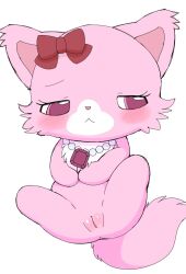 1girls accessory anthro anus azuo blush bow_ribbon domestic_cat facial_tuft felid feline felis female female_only fur garnet_(jewelpet) genitals hair_accessory hair_ribbon hairbow hi_res jewelpet jewelpet_(species) jewelry looking_away lying mammal necklace on_back persian_cat pink_body pink_fur plump_labia pussy ribbons sanrio simple_background solo solo_female spread_legs spreading white_background