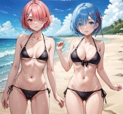 2girls 313aec ai_generated ass_visible_through_thighs beach bikini black_bikini blue_eyes blue_hair blush cameltoe cleavage collarbone cowboy_shot female female_only groin hair_over_one_eye large_breasts looking_at_viewer medium_breasts navel parted_lips pink_hair ram_(re:zero) re:zero_kara_hajimeru_isekai_seikatsu red_eyes rem_(re:zero) sand short_hair side-tie_bikini sisters stable_diffusion standing thigh_gap x_hair_ornament