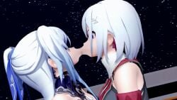 2girls 3d :>= big_breasts blindfold blue_hair breasts closed_eyes female french_kiss honkai:_star_rail honkai_(series) indoors jingliu_(honkai:_star_rail) kissing koikatsu light-skinned_female light_skin topaz_(honkai:_star_rail) vacuum_suck white_hair wide_eyed yuri