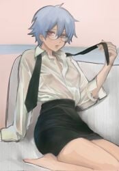 1girls 2023 adult adult_female barefoot bedroom_eyes canon_genderswap class_3-z female female_only genderswap_(mtf) ginko_sakata gintama gintoki_sakata glasses light_blue_hair looking_at_viewer necktie nipples_visible_through_clothing no_bra not_responding official_alternate_costume pencil_skirt pose posing red_eyes rule_63 short_hair sitting solo teacher translucent_clothing undone_necktie very_short_hair wavy_hair white_hair