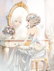 1girls absurdres alternate_costume alternate_hairstyle applying_makeup ass back backless_dress backless_outfit bare_back bride butt_crack cosmetics dress elbow_gloves female female_only fire_emblem fire_emblem_heroes flower gloves grey_hair highres holding holding_lipstick_tube lipstick lipstick_tube looking_at_mirror makeup mirror nintendo official_alternate_hairstyle r3dfive red_dress smile solo veronica_(fire_emblem) veronica_(princess_rising)_(fire_emblem) wedding_dress white_dress white_gloves
