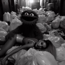 1girls ai_generated alley ariana_grande ass ass_grab black_and_white celebrity dall-e3 garbage garbage_bags garbage_bin laying_down laying_on_side looking_at_viewer muppets oscar_the_grouch real_person sesame_street shocked_expression shocked_eyes shocked_face tagme the_muppet_show trash trash_bag trash_can