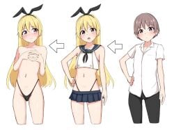 1boy bare_arms bare_shoulders baretto_(karasi07) before_and_after bellybutton black_hairband black_panties black_pants black_thong blonde_hair blue_sailor_collar blue_skirt blush brown_eyes brown_hair bulge buttons collarbone collared_shirt cosplay covered_penis covering_nipples crop_top crossdressing femboy feminine_male feminization functionally_nude hairband hand_on_own_chest hand_on_own_hip hands_up hi_res high_resolution highleg highleg_panties highres kantai_collection long_hair looking_at_viewer microskirt miniskirt navel neckerchief original panties panties_only pants panty_bulge penis_in_panties pleated_skirt removed_clothing sailor_collar sailor_dress shimakaze-kun shimakaze_(kantai_collection) shimakaze_(kantai_collection)_(cosplay) shirt short_hair simple_background skirt sole_male solo solo_focus solo_male stomach thong trap underwear underwear_only undressing white_background white_shirt wig