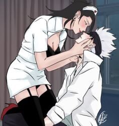 bandage black_hair blush clothing color excited hand_on_breast hand_on_head jujutsu_kaisen lipstick looking_at_another looking_at_partner male/female nail_polish nurse nurse_cap rule_63 satoru_gojo shirt_open stockings straight suguru_geto touching_thigh white_hair woman_on_top