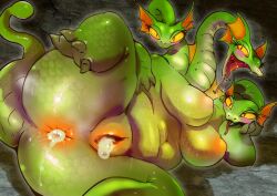 3_heads anthro anus ass belly big_breasts big_butt bodily_fluids breasts call_of_dragons claws cum cum_in_ass cum_in_pussy cum_inside dragon eyelashes fangs feet female forked_tongue genital_fluids genitals glottis green_body green_scales huge_breasts hydra hydra_(call_of_dragons) looking_at_viewer looking_back multi_head pussy scales scalie slightly_chubby solo superdive43 tail teeth toes tongue tongue_out