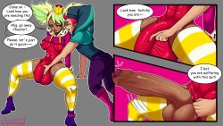 1boy 1futa big_penis blonde_hair brawl_stars breasts bulge chester_(brawl_stars) crown dark-skinned_female dark_skin digital_media_(artwork) erect_penis erection erection_under_clothes futanari grabbing_penis huge_cock intersex jester_costume jester_hat jester_outfit male male/futa mandy_(brawl_stars) red_hair supercell virossed virossed_(artist)