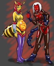 2girls bloated_belly corruption dark_persona dc demon enemy_conversion female female_only hitori09 midriff multiple_girls navel raven_(dc) starfire teen_titans thick_thighs wide_hips