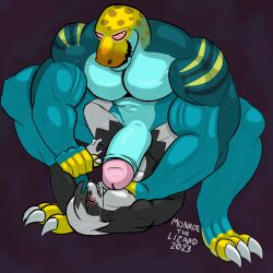 2023 3_toes 5_fingers anthro anthro_on_anthro arm_grab bared_teeth big_biceps big_dom_small_sub big_muscles big_pecs big_penis blue_body blue_scales cel_shading clawed_fingers claws collared_lizard common_collared_lizard crouching digital_drawing_(artwork) digital_media_(artwork) dominant dominant_anthro duo erection eyewear eyewear_on_head eyewear_only feet finger_claws fingers foreskin fur gay generation_7_pokemon genitals glans goggles goggles_on_head goggles_only grabbing_waist grey_body grey_fur grin hi_res highlights_(coloring) humanoid_genitalia humanoid_penis hypnosis hypnotic_eyes legs_around_partner lizard lycanroc lying male male/male markings midnight_lycanroc mind_control monroe_lehner monroethelizard muscular muscular_anthro muscular_male nintendo nipples noise_(jackallabs) nude on_back orange_body orange_scales pecs penis pink_glans pink_nipples pokemon pokemon_(species) reptile retracted_foreskin scales scalie shaded signature simple_background size_difference smile spots spotted_markings striped_markings stripes submissive submissive_anthro thick_penis toe_claws toes waist_grab white_body white_claws white_fur yellow_body yellow_scales