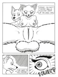 anal anthro balls balls_deep breasts canid canine canis clenched_teeth clitoris comic dogwash domestic_cat duo felid feline felis female genitals hatching_(art) hi_res male male/female mammal nipples pen_(artwork) penetration profanity pussy sex shaded shocked_expression teeth traditional_media_(artwork) wolf