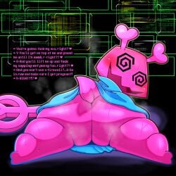 absurd_res ambiguous_gender anthro aroused ass big_butt blush bodily_fluids bottomless clothed clothing computer_virus_(species) deltarune dirty_talk english_text hi_res looking_at_viewer looking_back peace_symbol simple_background softestpuffss solo spiral_eyes sweat text thick_thighs undertale_(series) virovirokun