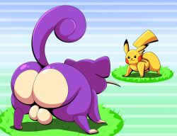 absurd_res all_fours ass backsack balls big_butt duo feral gameplay_mechanics generation_1_pokemon genitals grass hi_res huge_ass male male_only nintendo pikachu plant pokemon pokemon_(species) pokemon_battle rattata rear_view tepigfan101