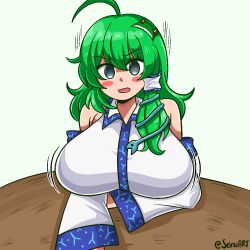 1girls ahoge alternate_version_available aqua_eyes big_breasts breasts clothed_female female green_hair hairclip light-skinned_female light_skin long_hair meme miko pink_cheeks sanae_kochiya seireiart shrine_maiden table talking textless textless_version touhou watermark white_background