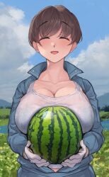 1girls bra bra_visible_through_clothes bralines breasts brown_hair cleavage closed_eyes female female_focus female_only gloves holding_melon large_breasts see-through_clothing see-through_top sweat sweatdrop tank_top_lift watermelon wet_shirt yomoda_yomo