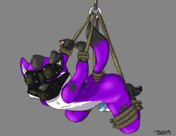 2019 absurd_res ankles_tied anthro arched_back artist_initials ass balls belly black_ear black_feet black_hair black_hands black_nose black_tail_tip blindfold bondage bondage bound canid canine canis chastity_cage chastity_device digital_media_(artwork) domestic_dog elkhound feet floppy_ears fur gag gagged genitals grey_background hair hands_behind_back helpless hi_res legs_tied male mammal muzzle_(object) muzzled nude pawalo pawpads pawprint_on_body purple_body purple_ear purple_fur raised_tail restraints rope rope_bondage side_view simple_background slim_male solo spitz spread_legs spreading submissive submissive_male suspended_in_midair suspension tail tail_tied teedraws three-quarter_view white_belly wrists_tied