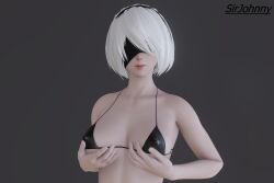 1girls 3d black_bikini_top breast_grab female female_only holding_breast johnnydoes3d looking_at_camera looking_at_viewer nier nier:_automata nier_(series) short_hair sirjohnny smile smiley_face solo solo_female standing white_body white_hair white_skin yorha_2b