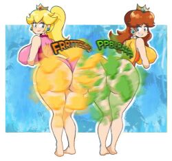 2girls ass big_ass big_butt blonde_hair bodysuit brap brunette_hair bubble_ass bubble_butt curvy dirty_ass fart fart_cloud fart_fetish farting female female_only gassy gassy_female leotard mario_(series) mario_and_sonic_at_the_olympic_games princess_daisy princess_peach smelly smelly_ass swimsuit yuri zaemonbrap