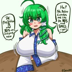 1girls ahoge alternate_version_available aqua_eyes big_breasts boomer_sanae breasts clothed_female english_text green_hair hairclip light-skinned_female long_hair meme miko pink_cheeks sanae_kochiya seireiart shrine_maiden table talking text text_bubble touhou watermark white_background