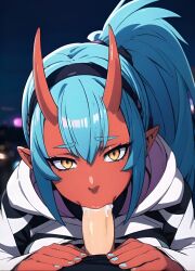 1boy 1boy1girl 1girls 2d ai_generated amber_eyes anime big_breasts blowjob blue_hair blush breasts cum cum_drip cum_inside cumshot deepthroat demon_girl duo ejaculation eye_contact female from_above horn horns huge_breasts large_breasts looking_at_viewer nopemope26 octavia_(omega_strikers) omega_strikers oni oni_horns oral oral_penetration oral_sex penetration penis penis_out plump pointy_ears pov pov_crotch pov_eye_contact red_body red_skin straight uncensored video_games yellow_eyes