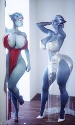 2girls 3d 3d_(artwork) alien alien_girl alien_humanoid areola_slip areolae_slip asari big_ass big_breasts bioware blender_(software) blue-skinned_female blue_body blue_skin busty curvaceous curvy curvy_figure digital_media_(artwork) dress electronic_arts female female_only freckles giant_breasts high_heels hourglass_figure huge_breasts humanoid legs liara_t'soni lips mass_effect mass_effect_2 nipple_slip pinup samara siliconaya tentacle_hair thick thick_hips thick_legs thick_thighs thighs tight_dress top_heavy voluptuous voluptuous_female waist wide_hips