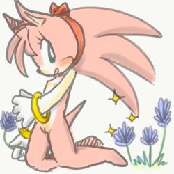 amy_rose anthro bandana bracelet breasts classic_amy_rose classic_sonic_(universe) clothing cub eulipotyphlan female flower fur genitals gloves handwear hedgehog jewelry kerchief kneeling mammal methkit pink_body pink_fur plant pussy sega small_breasts solo sonic_(series) sonic_the_hedgehog_(series)