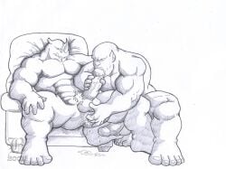 2007 abs anal anal_fingering anthro beruang bodily_fluids bruno_rhynox drooling duo fellatio fingering furniture gay greyscale humanoid male male/male mammal monochrome muscular muscular_anthro muscular_male nipples oral orc orc_male pecs penile rhinoceros saliva sex signature sofa trassk