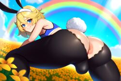 1boy ai_generated androgyne_symbol androgynous anus ass ass_focus big_ass big_butt blonde_hair blue_eyes bridget bulge bunny_ears bunny_tail crop_top crossdressing fake_animal_ears fake_tail femboy feminine_male field flower from_behind girly guilty_gear huge_ass lace looking_at_viewer looking_back male male_focus male_only novelai otoko_no_ko playboy_bunny pov rabbit_ears rabbit_tail rainbow smile smiling smiling_at_viewer