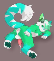 anthro anus ass balls biped blue_body blue_fur bodily_fluids claws cum cum_in_ass cum_inside decodecker digital_media_(artwork) erection femboy fur genital_fluids genitals green_body green_eyes green_fur hi_res looking_at_viewer looking_back looking_back_at_viewer male multicolored_body multicolored_fur one_eye_closed pawpads paws penis rear_view smile solo spread_butt spreading tail tapering_penis wink