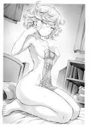 1girls black_and_white blush breasts medium_breasts mogudan monochrome naked_female one-punch_man tatsumaki thick_thighs thighs