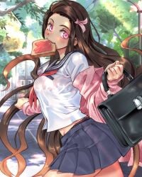 1girls big_breasts blush breasts demon_slayer kamado_nezuko kerana_art kimetsu_no_yaiba long_hair looking_at_viewer pink_eyes school_uniform schoolgirl skirt toast