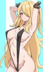 1girls almost_naked armpits arms_behind_head arms_up asairosora big_breasts black_sling_bikini black_swimsuit blonde_hair blush breasts brown_eyes cameltoe cleavage covered_nipples cowboy_shot creatures_(company) cynthia_(pokemon) erect_nipples female female_only game_freak gold_eyes hair hair_ornament hair_over_one_eye hands_behind_head hi_res hips long_hair looking_at_viewer mature mature_female mature_woman medium_breasts multicolored_background navel nintendo parted_lips pokemon pokemon_dppt pose skimpy skimpy_bikini sling_bikini solo standing swimsuit swimwear thighs underboob wide_hips