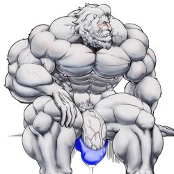 anthro balls bara big_balls big_muscles big_penis d_ron_r fate/grand_order fate_(series) furry hyper_balls hyper_penis lion male male_only muscles muscular penis sitting solo solo_male thomas_edison_(fate) white_fur ろん