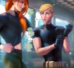 2boys canon_couple disney disney_channel english_text gloves kim_possible kimberly_ann_possible long_hair male male_only multiple_boys muscular_male ron_stoppable rule_63 sakimichan short_hair surprised text