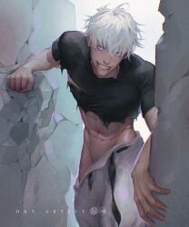 1boy blood blue_eyes cracked_wall dkt_(artist) jujutsu_kaisen leaning_forward leaning_on_wall looking_at_viewer male_only multi_eye pants pants_down pubic_hair satoru_gojo scars seductive_look smile torn_clothes torn_clothing twitter_username white_hair