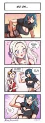 2023 2girls 4koma absurdres armband artist_name awe bare_arms bare_midriff bare_shoulders bent_over blue_eyes blue_hair blush breast_grab breasts byleth_(female)_(fire_emblem) byleth_(fire_emblem) byleth_(fire_emblem)_(female) cleavage cleavage_cutout clenched_teeth closed_eyes collarbone comic dated edelgard_von_hresvelg english_text exercise female female_only female_pervert fire_emblem fire_emblem:_three_houses flexing funny go_on_feel_it_(meme) grabbing grabbing_another's_breast groping happy heart-shaped_mouth heart_mouth highres horns inviting large_breasts leggings long_hair medium_hair meme midriff minacream mischievous mischievous_smile molestation multiple_girls muscles muscular muscular_female nail_polish naughty_face nervous nintendo open_mouth pantyhose parted_lips pervert purple_eyes purple_nails questionable_consent raised_clothing shirt short_sleeves shorts shoulders sleeveless small_breasts smile smug tank_top teal_hair text thinking tongue training upper_body very_long_hair weightlifting weights white_hair yuri