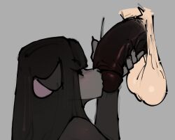 anthro balls betty_(esahma) biped black_body black_hair black_sheep closed_eyes duo erection esahma female genitals grey_background hair hi_res kissing male male/female mammal penis penis_kissing saggy_balls sheep simple_background tan_body