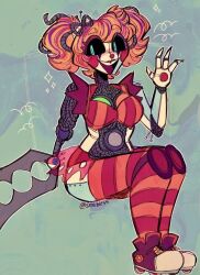 1girls 2d 2d_(artwork) 4_fingers absurd_res accessory animatronic artist_name artist_signature baby_(fnafsl) bare_arms bare_midriff bare_shoulders big_breasts black_sclera blue_eyes bottomwear breasts cheek_markings circus_baby circus_baby_(fnaf) clothed clothed_female clothing clown clown_girl crop_top curly_hair cute digital_drawing_(artwork) digital_media_(artwork) exposed_shoulders eyebrows eyebrows_visible_through_hair eyelashes female female_only fit fit_female five_nights_at_freddy's five_nights_at_freddy's:_sister_location fnaf full_body ginger hair_ribbon hips hourglass_figure humanoid knee_pads legwear light-skinned_female light_skin lips lipstick looking_away looking_to_the_side lowres makeup mascara medium_breasts multicolored_hair no_humans not_furry open_mouth open_smile orange_hair pale-skinned_female pale_skin panties red_cheeks red_clothing red_lips red_lipstick red_nose ribbon robot robot_girl robot_humanoid robot_joints roller_skates rosy_cheeks scottgames scrap_baby scrap_baby_(fnaf) see-through_skirt shoes simple_background sister_location sitting sitting_down slim_waist smile smiling smubiess solo stockings striped_clothing striped_legwear striped_stockings striped_thighhighs tagme tagme_(artist) teeth teeth_showing thick_thighs thighhighs thighs tied_hair tongue topwear torn_clothes twintails white_body white_skin wide_hips wire wires