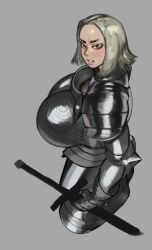 armor blonde_hair female holding_object huge_breasts knight looking_at_viewer original_character side_view skrats sword tagme viewed_from_above white_eyes