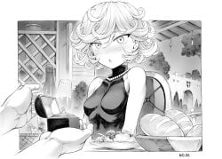 1girls black_and_white blush breasts curly_hair medium_breasts mogudan monochrome one-punch_man pearl_necklace propositioning ring tatsumaki