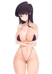 1girls alternate_background alternate_version_available areola_slip areolae big_breasts bikini bikini_bottom bikini_top black_bikini black_eyes black_hair bottomwear breasts cameltoe cleavage female female_only hair hips huge_breasts komi-san_wa_komyushou_desu komi_shouko long_hair looking_at_viewer micro_bikini simple_background solo solo_female swimwear thighs topwear white_background xiaoqian9