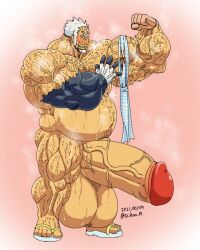 amatsumara_(tokyo_afterschool_summoners) balls bara big_balls big_muscles big_penis blush boner d_ron_r erection flexing hyper_balls hyper_penis male male_only muscles muscular musk nude overweight penis solo solo_male sweat sweating tokyo_afterschool_summoners ろん