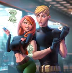 1boy 1girls big_breasts breasts canon_couple curvy disney disney_channel gloves kim_possible kimberly_ann_possible long_hair muscular_male ron_stoppable sakimichan short_hair