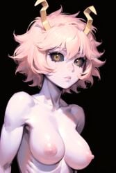 ai_generated aiposter bare_shoulders horns looking_at_viewer mina_ashido my_hero_academia nude pink_hair simple_background