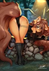 1girls apogee apogee_(tinygaypirate) ass ass_focus black_panties boots brown_eyes brown_hair cute dog_ears dragonfu earrings female female_only frown legs long_hair looking_back original panties piercing solo solo_female tail tattoo thighs