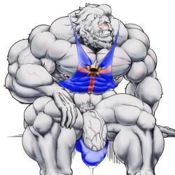 anthro balls bara big_balls big_muscles big_penis d_ron_r fate/grand_order fate_(series) furry hyper_balls hyper_penis lion male male_only muscles muscular penis sitting solo solo_male thomas_edison_(fate) white_fur ろん