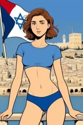 1girls ai_generated brown_hair city_background crop_top flag grey_eyes israel israeli israeli_flag jewish jewish_female light-skinned_female looking_at_viewer lowres middle_eastern national_personification panties thin