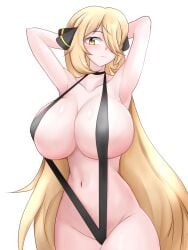 1girls big_breasts black_eyes black_sling_bikini blonde_hair breasts captain_rs cleavage cynthia_(pokemon) female female_only game_freak hair hair_over_one_eye hands_behind_head huge_breasts long_hair mature mature_female mature_woman pokemon pokemon_dppt skimpy skimpy_bikini sling_bikini solo swimwear white_background