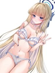 blonde_hair blue_archive blue_eyes blue_nails blush bra breasts choker cleaning_&_clearing_(blue_archive) cleavage closed_mouth female groin halo highres katsushika_pachi lingerie long_hair medium_breasts millennium_science_school_student navel panties simple_background smile solo stomach thighs toki_(blue_archive) underwear underwear_only v very_long_hair white_background white_choker