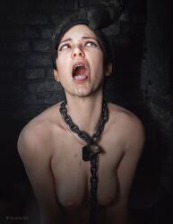 1boy 1girls 3d after_fellatio after_oral after_rape after_sex anna_miller_(metro) bottomless breasts breasts_out broken_rape_victim chain_leash chained_up chains cum cum_in_mouth cum_on_face dark_hair dog_tags drooling female_focus forced gloves hand_on_head koelet3d light-skinned_female light_skin metro_(series) metro_exodus open_mouth russian russian_girl saliva saliva_trail short_hair tongue_out topless