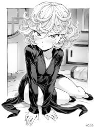 1girls black_and_white blush curly_hair looking_at_viewer mogudan monochrome one-punch_man tatsumaki thick_thighs thighs